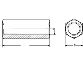 Teknisk tegning af syrefast M16x40 6-kantet gevindmuffe, der viser dimensionerne 'l' og 'd' samt en tværsnitstegning med 's'.