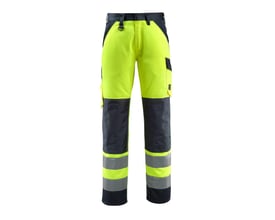 Detalje af Mascot Hi-Viz buksens lomme og reflekser, gul/mørk marine, fremstillet af 80% polyester og 20% bomuld.