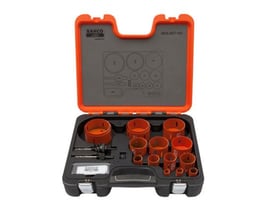 Bahco Superior hulsavesæt med hulsave og tilbehør i en åben sort kuffert med orange låg, til størrelser fra 16 til 83 mm.