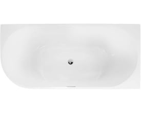 Oversigt fra oven af et hvidt Back To Wall badekar i akryl, 1700 mm langt, med krom pop-up bundventil i midten.