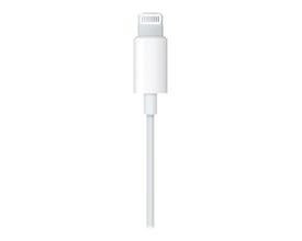 Nærbillede af APPLE EarPods med Lightning-connector, viser den hvide stikprop og det hvide kabel.