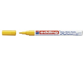 Edding 751 malerpen gul, med hætten af, viser den runde 1-2mm spids og skriveegenskaber på forskellige materialer.
