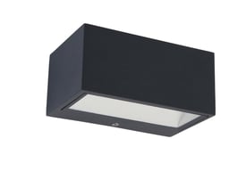 GEMINI væglampe i mørkegrå støbt aluminium med rektangulær form og lysåbning nedad.