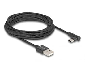 Delock USB 2.0 kabel på 3 meter med sort tekstilskærmning, vinklet USB-C hanstik og metalhus til USB-A hanstik.