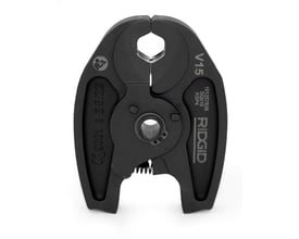 Ridgid V15 pressbakke til pressemaskiner, med indgraveret V15 og Ridgid logo på den sorte, metalliske overflade.