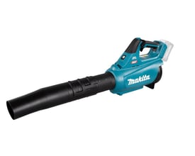 Makita 40V XGT blæser med monteret batteri, viser det ergonomiske håndtag og den kraftige motor på hvid baggrund.