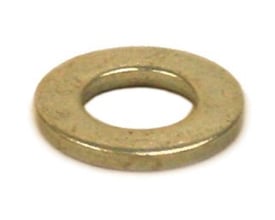 Planskive efter DIN 125A til 10 mm bolt, rustfri A2, 10,5 × 21 × 2 mm, set skråt med rund åbning.