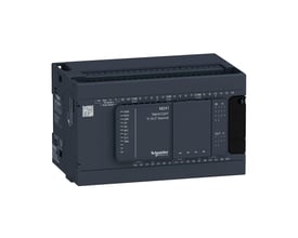 Schneider Electric Modicon M241 PLC, model TM241C24T, med 14 digitale indgange og 10 digitale udgange, 24V, vist fra siden med tilslutningsklemmer.