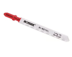 Ironside T118AF stiksavklinge til metal, 91 mm lang, set skråt med rød fæsteende og sølvfarvet tandet klinge.