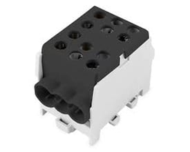 Pollmann Elektrotechnik fordelerblok på 35 mm² med sort overside, flere tilslutningshuller og hvid bund.