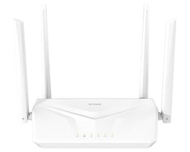 Hvid D-Link AC1200 dual-band gigabit-router set forfra med fire opretstående antenner og statuslys på fronten.