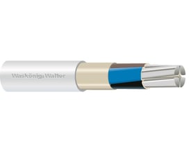 Nærbillede af Waskönig+Walter installationskabel N1XZ1-AL-M 4x150 mm², med synlige aluminiumsledere og farvekodede isoleringer.