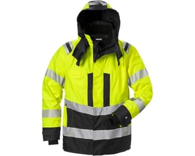 Kansas skaljakke i high-vis kl. 3 gul/sort, str. M, med hætte og reflekser. Jakken er fremstillet af 100% polyester og er Oeko-tex certificeret.