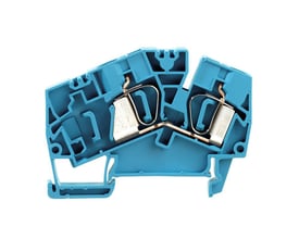 Weidmüller feed-through samlemuffe i blå med tension-clamp tilslutning, 6 mm², 41 A, 800 V. Visningen er en detaljeret oversigt over interne komponenter.