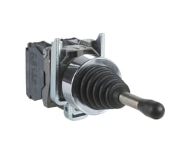 Detaljeret billede af Schneider Electric Joystick XD4 med 2 faste positioner, fremhæver den skinnende krom frontring og betjeningshåndtaget.