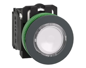 Bagside af Schneider Electric flush trykknap, viser monteringsdetaljer og certificeringsmærker som CE og EAC.
