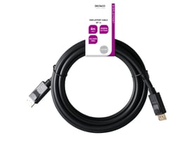 Sort Deltaco DisplayPort-kabel med DP 1.4, 4 meter og hanstik i begge ender, oprullet med mærkat.