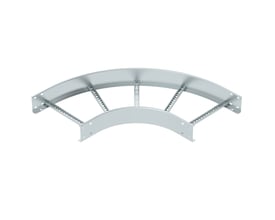 OBO Bettermann 90 graders bøjning til kabelstige, 110x400 mm, galvaniseret, vist på neutral hvid baggrund for detaljeret overblik.