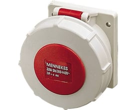 Mennekes indbygningsudtag i grå plast med rød detalje, 32A, 4P, 3H, 380-440V, IP67 klassificeret.