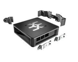 Sort Raspberry PI kabinet fra Weidmüller, model UH20-RPI-4-BASE, vist med forskellige monteringsdele omkring.