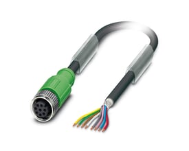 Detalje af Phoenix Contact sensorkabel med 8-polet M12 hun-stik og synlige farvekodede ledninger ved den åbne ende.