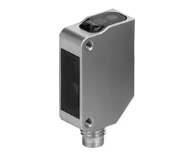 Omron E3ZM-LS89H fotocellesensor i rustfrit stål med rød LED-indikator og M8 stik. Sensoren har et rektangulært design med et sort frontpanel.