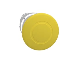 Schneider Electric paddetrykhoved i gul med Ø40 mm diameter, viser tryk/træk funktion på hvid baggrund.