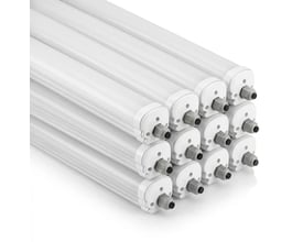 Flere hvide V-TAC LED-armaturer med aflange, lukkede skærme og kabeltilslutning i enderne.