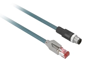 Schneider Electric PUR Ethernet kabel på 3 meter med lige M12 stik og RJ45 konnektor, vist på hvid baggrund.