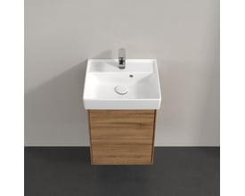 Top view af Villeroy & Boch Collaro underskab med hvid porcelænsvask, krom vandhane og eg folie finish, monteret på væg.