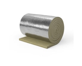 Rockwool lamelmåtte med 80 mm isolering og armeret alu-folie, halvt rullet ud på hvid baggrund.