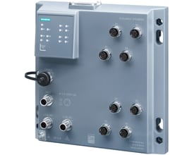 Siemens Scalance XP208POE EEC managed IE switch med 8 x 10/100MBIT/S M12-porte og robust IP65/67 kabinet i grå.