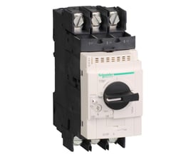 Schneider Electric TeSys GV3 motorværn, 48-65A, med kabelsko og drejehåndtag for test og nulstilling.