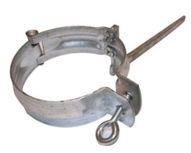 Galvaniseret hængselsstift til nedløbsrør, 87 mm diameter, med øjeskrue til fastgørelse på mur.