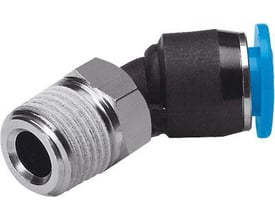 Festo lige forskruning QSW-1/4-6 med 45 graders vinkel, viser udvendigt gevind og push-in fitting i blå og sort.