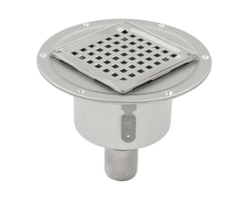 Blücher afløbsskål i rustfrit stål med 50 mm lodret udgang og smøremembran, vist med et firkantet riste.