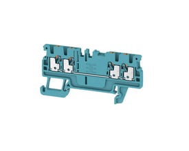 Detaljebillede af Weidmüller A4C gennemgangsklemme i blå, med fokus på fjederterminalerne og PUSH IN teknologien.