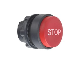 Schneider Electric rød STOP trykknap med ophøjet trykflade og sort montagebeslag, ideel til 22mm huller.