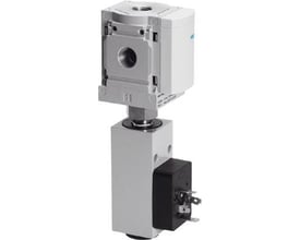 Festo Forgreningsmodul MS4-FRM-1/4-Y-Z med trykkontakt og en tydelig sort elektrisk tilslutning i hvidt og gråt design.