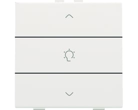 Niko dæmpertryk i hvidt design med symboler for op og ned samt lyspære, klar til montering på busprint.