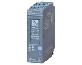 Siemens SIMATIC ET 200SP HA analog ex-i input module, Ex-AI 4xTC/2xRTD 2-/3-/4-wire, fremviser mærkater med tekniske specifikationer og Siemens logo.