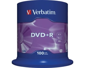 Verbatim DVD+R-medier med AZO på blå og lilla spindelemballage; etiketten viser 4,7 GB og 16x.