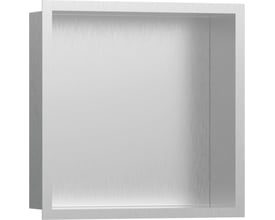 Hansgrohe XtraStoris Individual vægniche i børstet rustfrit stål, 300x300x100 mm, med indbygget designramme og 2 mm tykkelse.