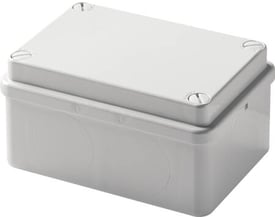 ABB montagekasse IP55 i RAL 7035, 310x240x110mm, med glatte sider og lavt låg med fire synlige skruer.