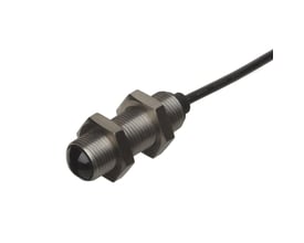 Carlo Gavazzi fotoaftaster M12-modtager PA12BNT20NO med gevindhus, sort kabel og 20 meters rækkevidde.