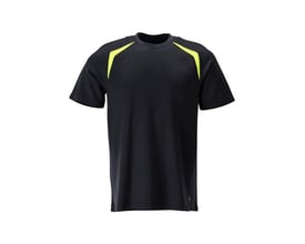 Mascot Accelerate Multisate T-shirt i mørk marineblå med gule kontrastdetaljer ved skuldrene, str. 4XL.