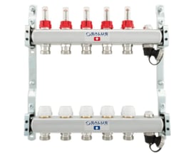 Salus GVM-F gulvvarmefordeler med 10 kredse i rustfrit stål, vist med flowmålere på fremløb og ventiler på retur.