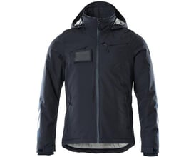 Mascot Accelerate vinterjakke i mørk marineblå, str. M, vist forfra med hætte, lynlås og brystlomme med ID-kortholder.