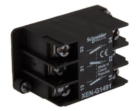 Detaljeret billede af Schneider Electric kontaktelement XENG1491, viser mærkning med 2xNO, 1xNC kontakter og produktnummer.