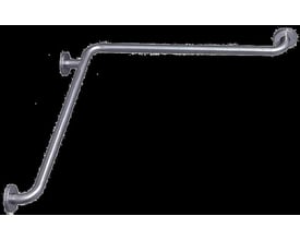 Detaljeret vinkel af Intra Juvel støttehåndtagets monteringsbeslag i børstet rustfri stål, på sort baggrund.